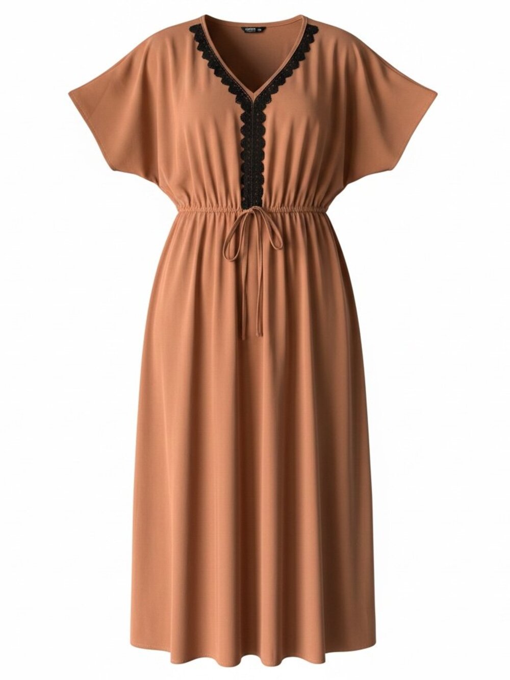 SHEIN Curve 0XL Camel Brown V-Neck Black Lace Trim Boho Midi Dress Plus Size - Picture 6 of 10
